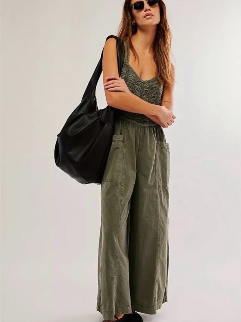 Free People Olive Green Textured Romper with Front Pockets 100 cotton